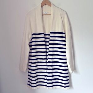 J. Jill Striped Longline Open Sweater Cardigan Knit Coastal Grandma Cream/Navy